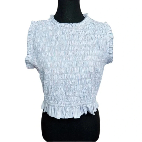 Label Ritu Kumar Womens  Medium Blue Pink Smocked Crop Top - Picture 2 of 11